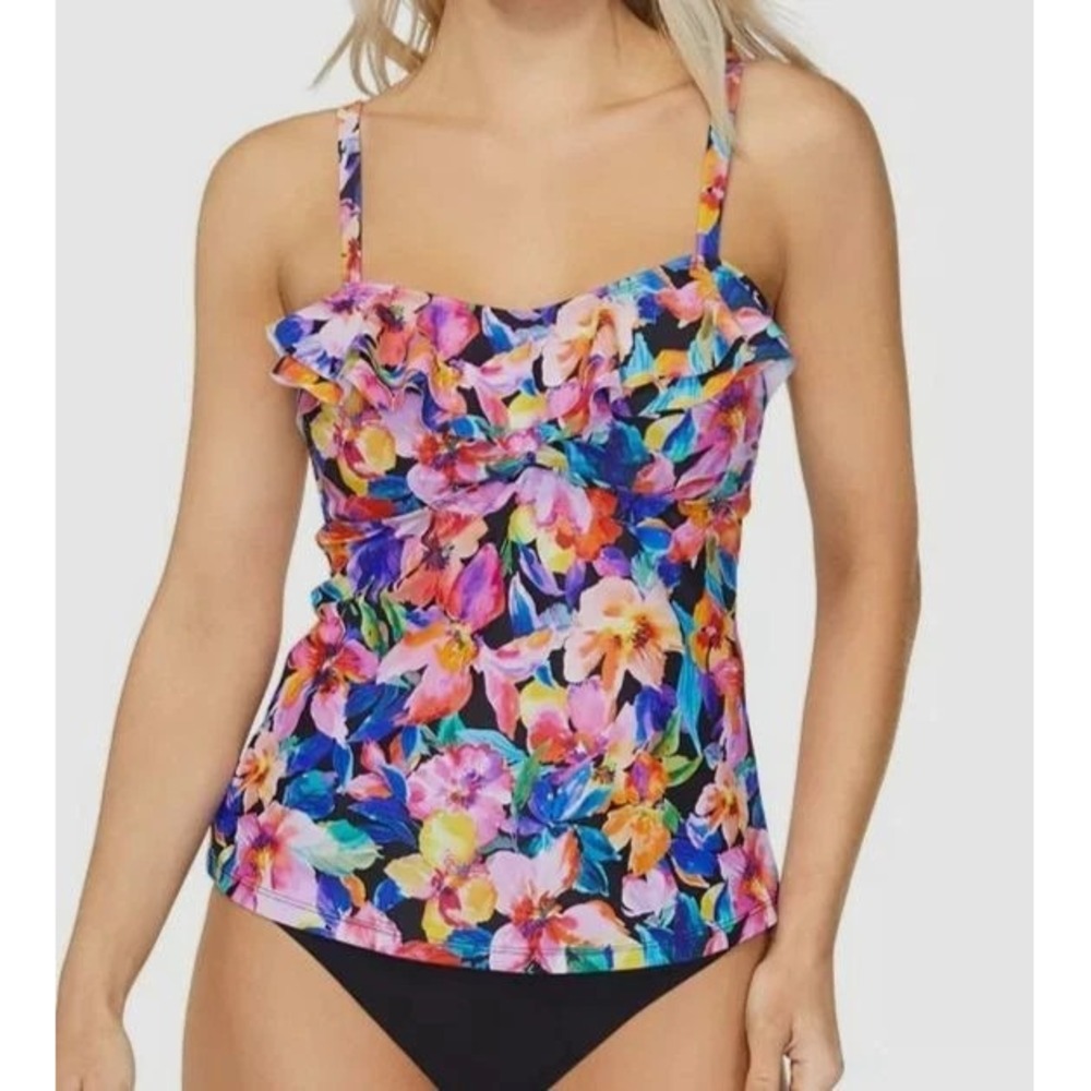 Island Escape Womens Black Floral-Print Tahiti Tankini Top Swimwear Size 16